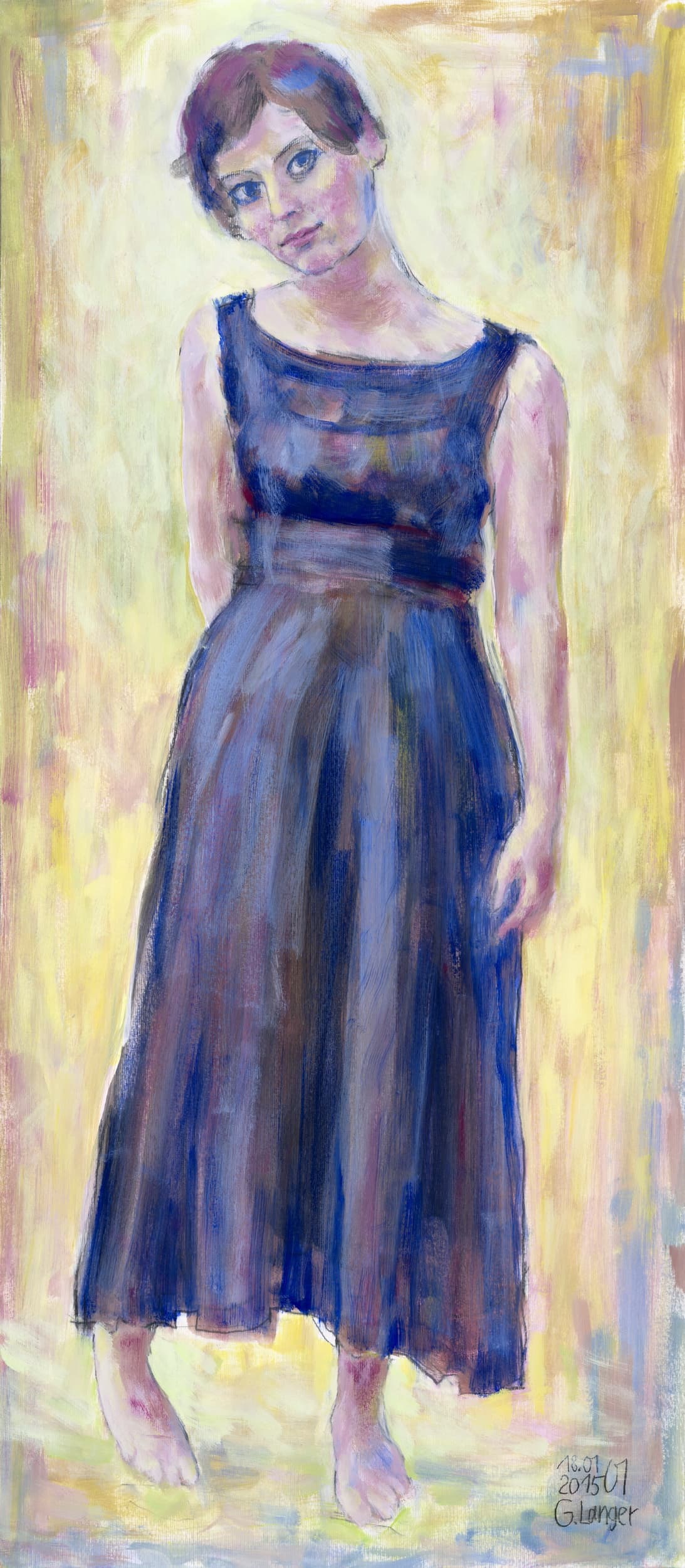Gunter Langer, stehende Frau im schwarzen Kleid, Scheues Mädchen, 2015, Tempera, Karton, 100 x 44 cm